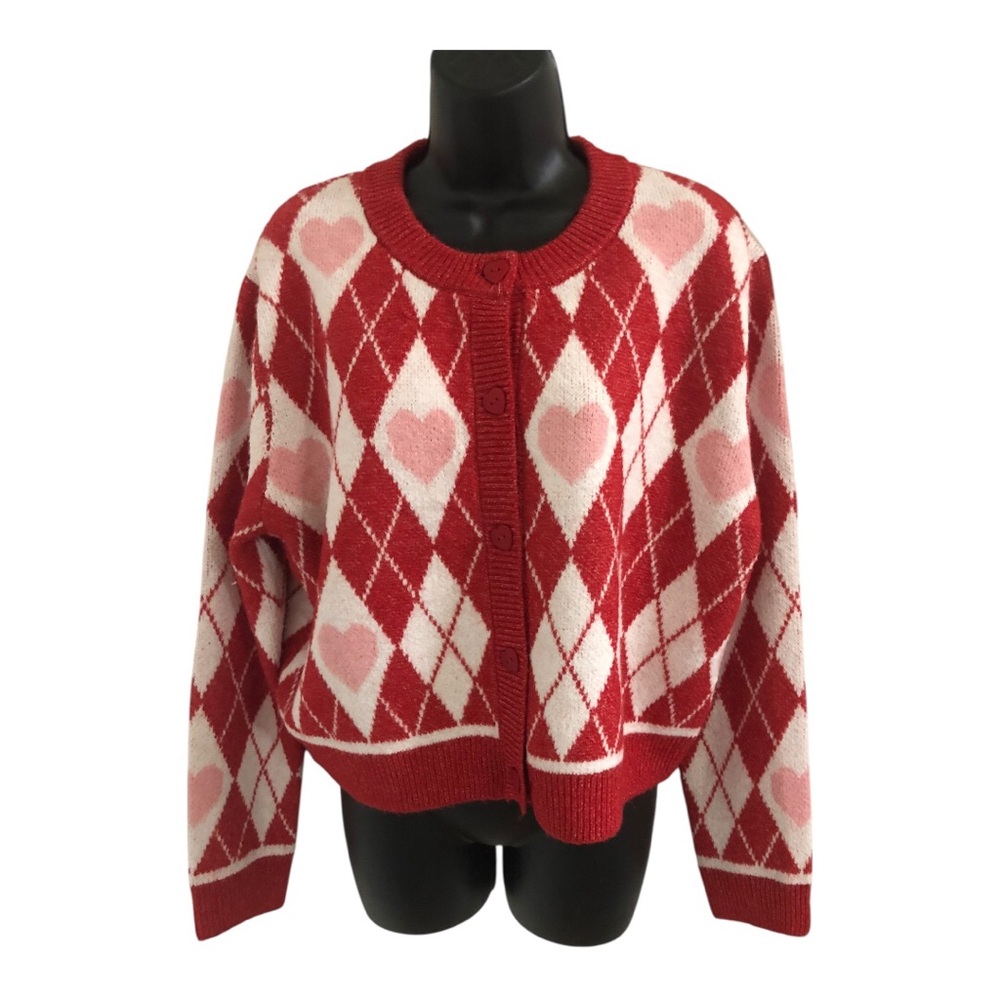 Jessica Simpson red white argyle look pink hearts cardigan size medium brand new
